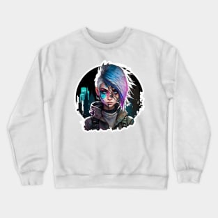 Purple Light Cyber Punk Girl in Night City Crewneck Sweatshirt